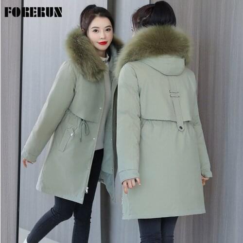 FORERUN Womens Trench Coat 2021 Fur Hooded Long Winter Jackets and Coats Cotton Padded Parkas Mujer Factory Directly Supply