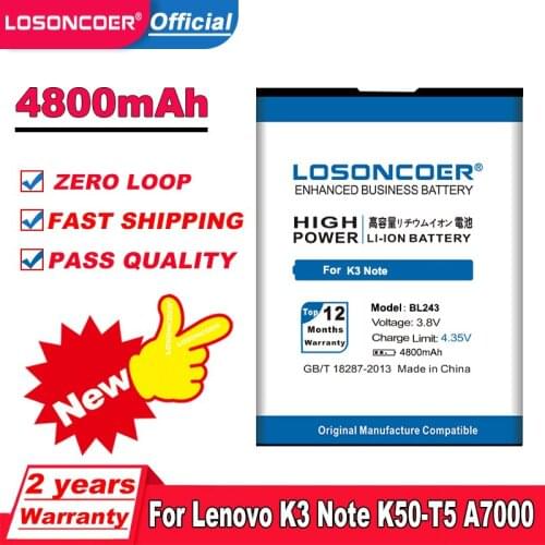 LOSONCOER 4800mAh BL243 Battery Use for Lenovo K3 Note Battery Lemon K3 K50-T3S K50-T5 A7000 A7600 A5600 A5500 A5860