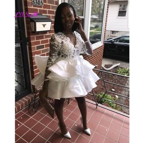 White Lace Long Sleeves Homecoming Dress for Black Girls 2020 V-Neck Mini Prom Party Dress vestido de formatura