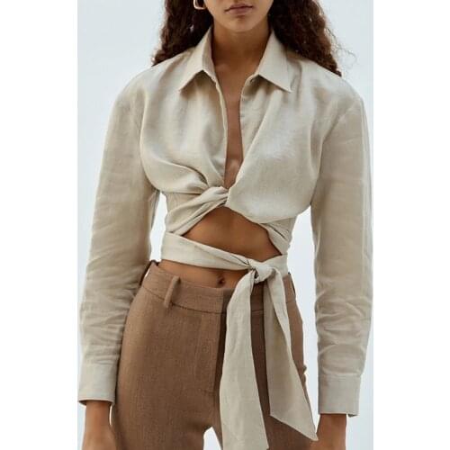 Fashion Turn Down Collar Blouses Women Elegant Spring Long Sleeve Tie Belt Shirts Women Short Knot Hollow Out Tops Ladies