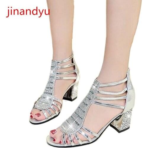 Size 41 Women Sandals High Heels Chunky Shoes Fashion Summer Shoes Women Sliver Gold Heels Bling Shine Shoes High Heel Sandal
