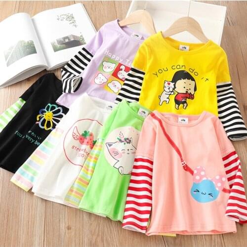 2021 Spring Autumn Fashion 2 3 4 5 6 7 8 910 Years Cute Cotton Striped Color Patchwork Cartoon Basic T-Shirt For Kids Baby Girls