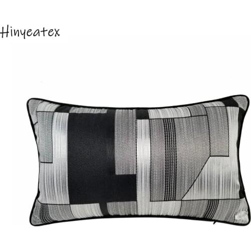 Hinyeatex Contemporary Fashion Black Grey Geometric Sofa Chair Lumbar Pillow Case 30x50cm Jacquard Woven Velvet Waist Support