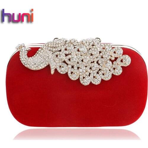 Hot Sell HUNI Peacock Diamonds Metal Evening Bag Long Chain Shoulder Handbags Rhinestones Wedding Bridal Purse ClutchDinner Bag