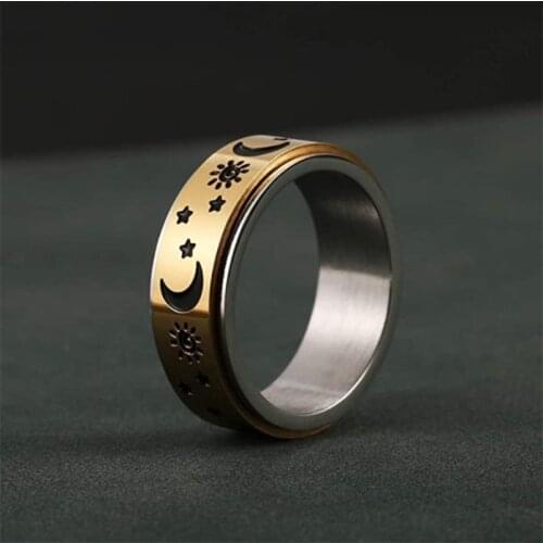Weather Moon & Star Engraved Spinner Band Ring for Men & Women Boho Rose Gold/Gold Stress Relieving Steel SIze 6 7 8 9 10 11 12