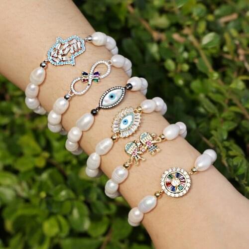 Natural Freshwater Pearl Beaded Plastic Elastic Rope CZ Connector Charm Dainty Unisex Bangle Bracelet For Female Wedding Gift