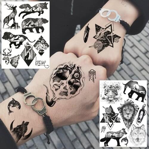 Transferable Black Wolf Lion Tiger Temporary Tattoos Sticker Fake Small Space Planets Body Art Tatoo For Women Men Self Adhesive