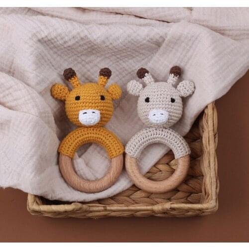 Baby Teether Cartton Animal Crochet Wooden Teething Rings DIY Teething Rattle U7EE