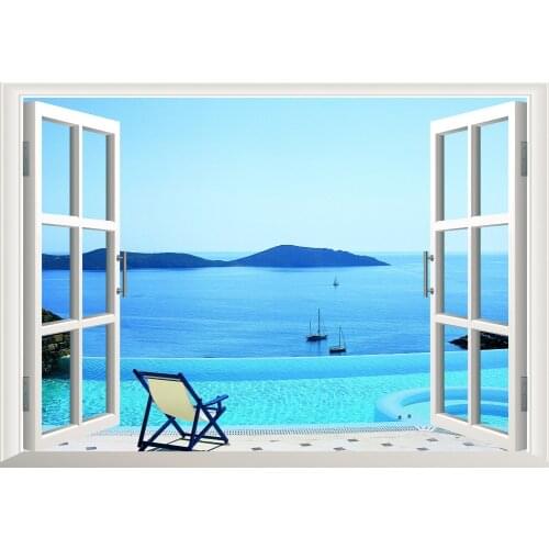 Sunshine Beach Chair Resorts 3D Window View Removable Wall Art Sticker Vinyl Decal Mural Decor Sailing Boat Mountain