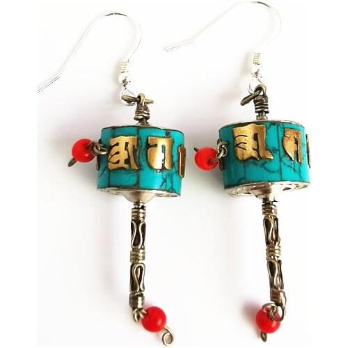 Tibet Earring Mini Mani Wheel Charms Tibetan Prayer Wheel Earrings Amulet E028