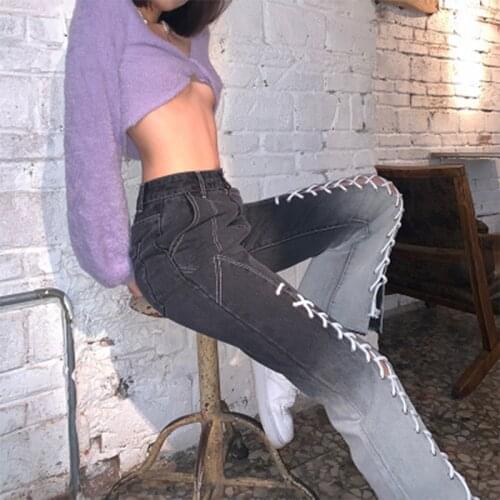 Ladies Bandage Gradient Jeans Aesthetic High-waist Tie-dye Printed Wide-leg Pants Trousers Streetwear Loose Flared Korean Pants