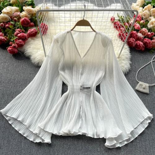 V-Neck Top Womens Design Trumpet Sleeves Pleated Fashion Oversize Thin Temperament All-Match Chiffon Shirt And Blouse zh1166