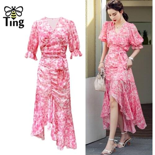 Tingfly Designer Fashion Floral Pink Blouses & Ruffles Asymmetrical Midi Skirts Women 2 Pcs Sets Party Dresses Elegant Outfits