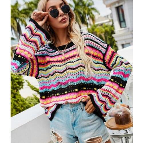 2021 New Women Knitted Sweater Stitching European American Loose Color Rainbow Round Neck Striped Sweaters jumper
