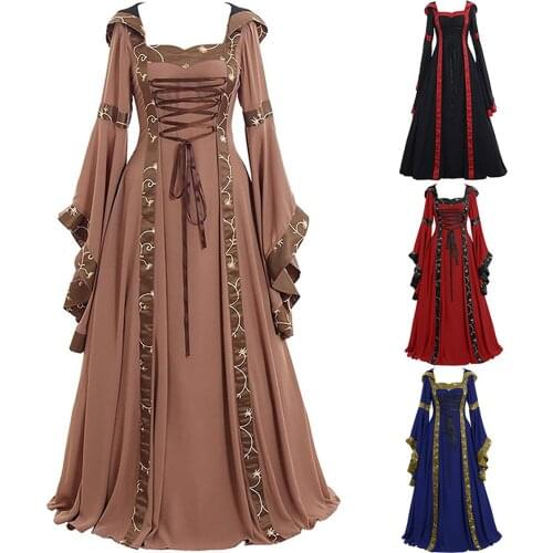 Womens Halloween Retro Long Sleeve Square-Neck Flare Sleeve Slim Dress Autumn Ladies Ruffles Vintage Style Maxi Dress Gowns