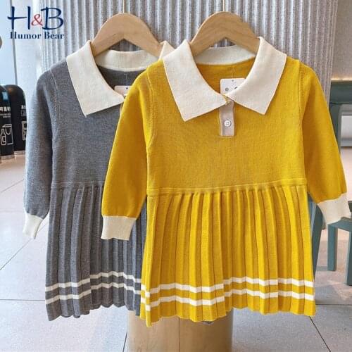 Humor Bear Girls Sweater Dress NEW Autumn Long Sleeve Laperl Collar Solid Color Warm Knitted Dress Toddler Clothes