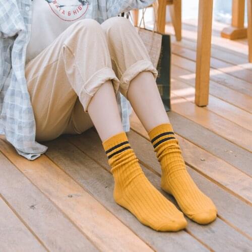 12 Colors Korean Womens Two Stripes Daily Knitted Socks Women Girl Colorful Solid Basic Long Socks For School
