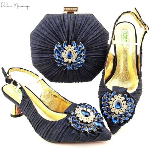 2021 Italian Design Hot Selling Noble D.Blue Color Party Wedding Ladies Shoes and Bag Set Decorated With Colorful Crystal