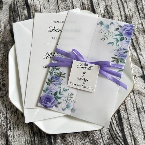 50X Vellum Wedding Invitation With Purple Rose Flower and Tag DIY Personalized Print Greeting Cards For Quinceanera Anos Invites