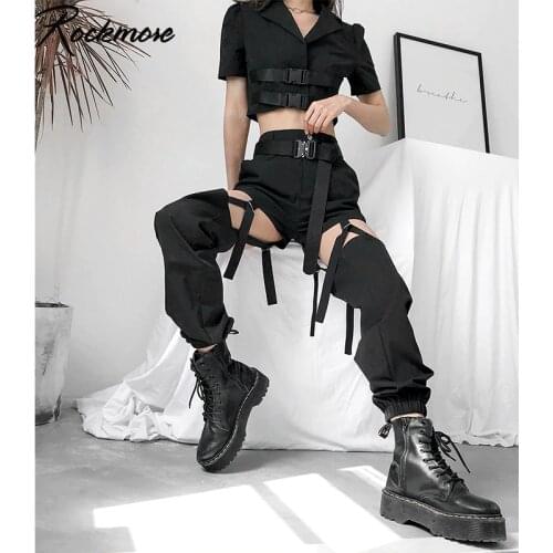 Rockmore Hip Hop High Waist Cargo Pants Women Buckle Track Pants Joggers Street Style Trousers Adjustable Hollow Out Pantalon