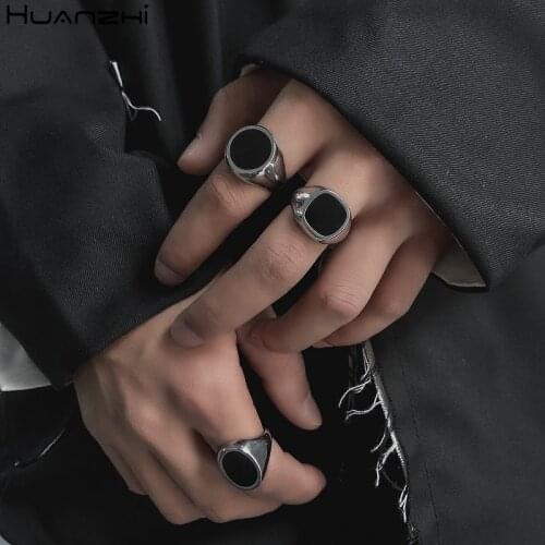 HZ 2020 New Black Enamel Glaze Punk Geometry Oval Rectangle Letter 4 Silver Color Metal Rings for Women Men Couple Jewelry