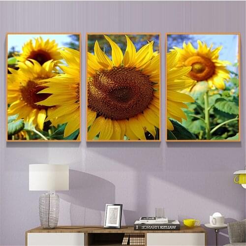 Sunflower Painting 3 Panel Wall Art Yellow Flower Floral Rustic Home Decoration Living Room Decor Sunflower Poster Canvas Print
