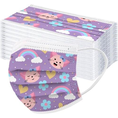 Cosplay Bandana 50pc Children Disposable Mask Mascarillas Cartonn Rainbow Print Breathable 3-layer Non Woven Halloween Cosplay