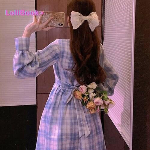Lolibook Spring Autumn Japanese Sweet JK Dress Womens Sailor Collar Bow Stitching Long Sleeve Plaid Dress Kawaii Party Vestidos