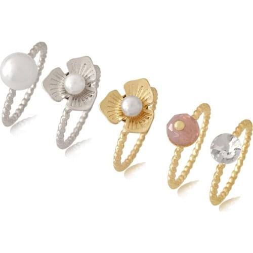 Cute Gold Or Rhodium Color Plating Pearl Peach Clear Stone 5pcs Ring Set For Kids Lovely Party School Decoration Floral Jewelry