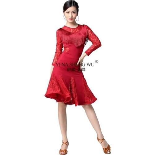 New Latin Dance Costumes Lace Spandex Long-sleeves Exercise Clothing 2 Pieces Set Tassels Top Skirt Adult Salsa Samba Dance Set