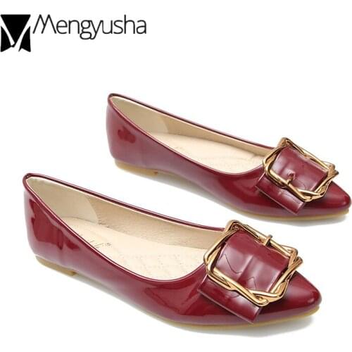 Japanned leather pointed toe single shoes metal buckle shallow flats boats shoes women brand soft bottom office ladies moccasins