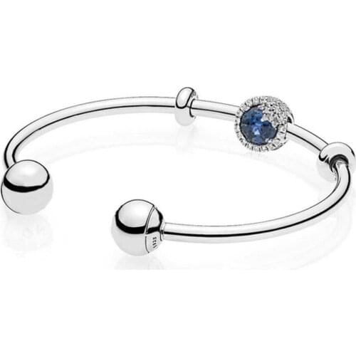 100% 925 Sterling silver Blue Dazzling Open bracelet Set Clear CZ Fit DIY Original Pan Bracelets Fashion Jewelry Gift