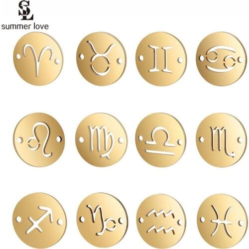 10PCS Zodiac Constellation Stainless Steel Charms for DIY Jewelry Making 12mm Round Disc 2 Hole Connectors Charm Fit Bracelet