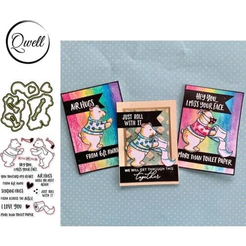 QWELL Two Bears Friends Air Hugs Metal Cutting Dies & Clear Silicone Stamps Warm Words Love Heart Toilet Paper 2020 New