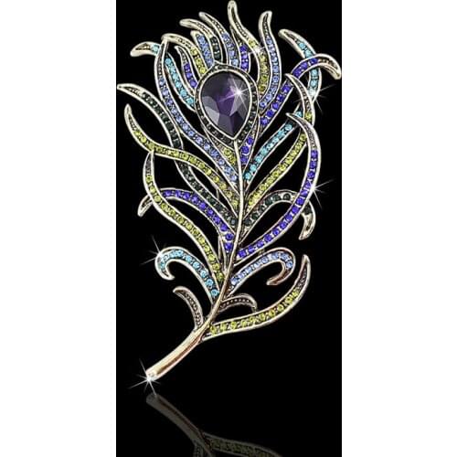 Vintage Feather Bronze Brooch Pin Antique Bronze Crystal Rhinestone Metal Jewelry Accessory Brooch For Women, Item: BH7943-8233