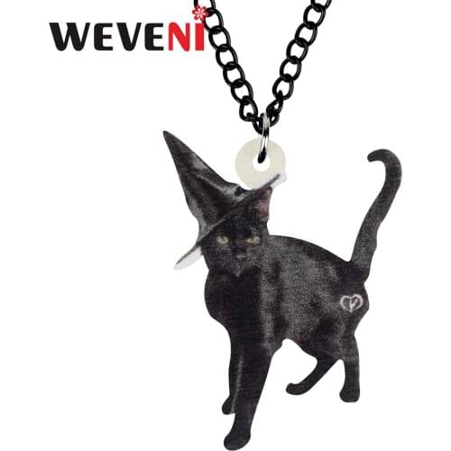 WEVENI Acrylic Halloween Hat Black Cat Kitten Necklace Chain Cute Animal Pets Pendant Jewelry For Women Kids Charms Accessories