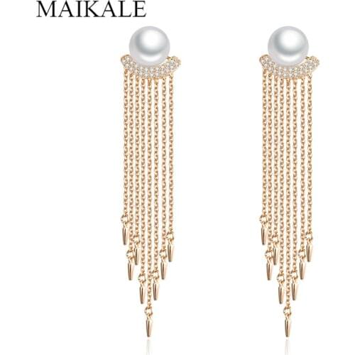 MAIKALE Trendy Long Tassel Chain Pearl Earrings for Women Cubic Zirconia Hanging Dangle Drop Earrings with Pearls Girls Jewelry