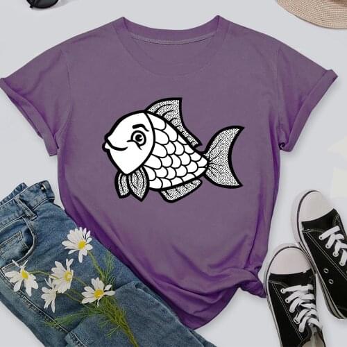 Fish 2021 Women Casual Harajuku Fashion T-shirt Print O-neck Short Sleeve Elastic Stretched Tee Shirt TX8435