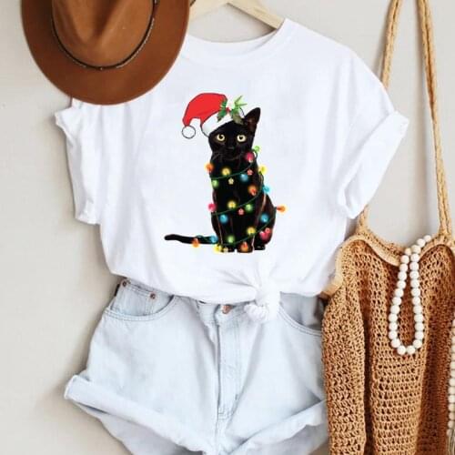 Women Cat Funny Pet Cute 2022 Fashion Merry Christmas Print Tshirts Clothes Graphic Female Top T Shirt Ladies Tee T-Shirt