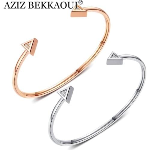 AZIZ BEKKAOUI Romantic Rose Gold/Silver Color DIY Letter Logo Triangle Crystal Open Bracelet Stainless Steel Bracelet For Lady