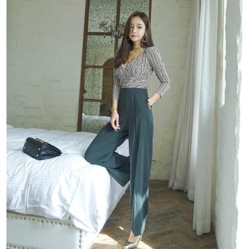Women Autumn Office Lady Stripe Slim Sexy V-neck Gray Blouse Shirt+Green Tall waist Wide Leg Pant Suit Formal Women 2 Piece Set