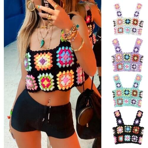 2021 New Women Summer Crochet Tank Top Multicolor Floral Plaid Knit Vest Sexy Square Neck Slim Beach Sleeveless Cropped Shirts