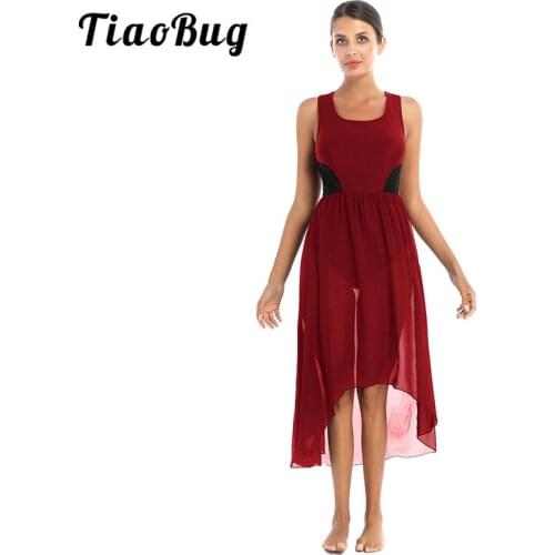 Women Asymmetric Chiffon Ballet Dress Adult Sleeveless Lace Ballet Leotard Stage Performance Contemporary Lyrical Dance Costumes