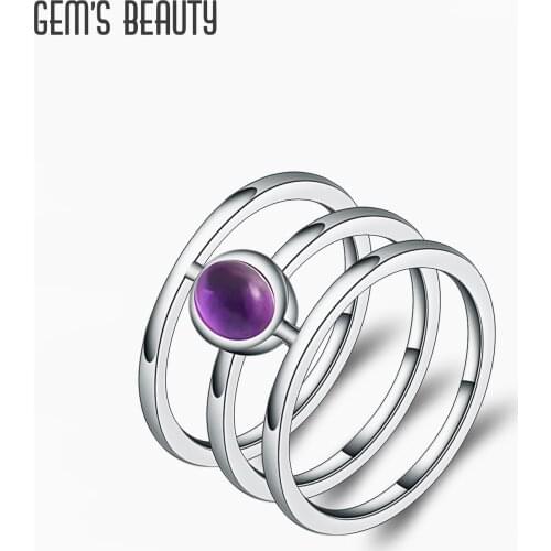 GEMS BEAUTY 925 Sterling Silver Ring For Women Unique Oval Three Circles Design With Natural Amethyst Handmade Ring
