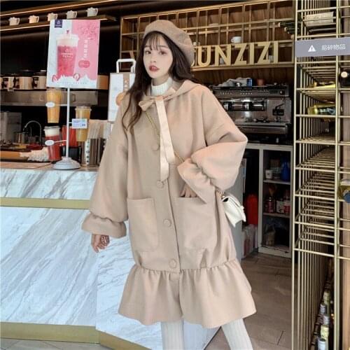 Heydress Warm Wool Coat Women Vinter Sweet Bow Patchwork Trench Long Coat Female Casual Button Japanese Style Kawaii Thick Coat