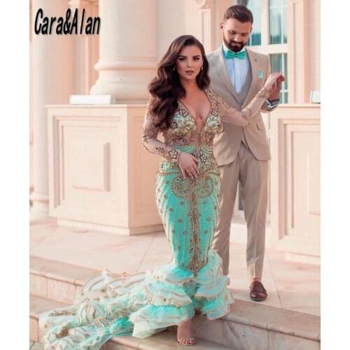 Sexy Deep V Neck Prom Dresses Long Sleeves Beading Mermaid Evening Gowns Court Train Women Party Wear robe de soirée femme 2021