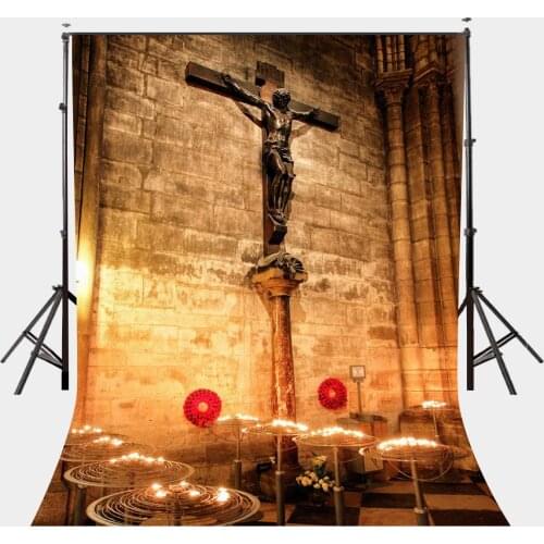 150x220cm Christian Church Interior Scene Backdrop Big Cross Photography Background Flashing Candlelight Backdrops Studio Props