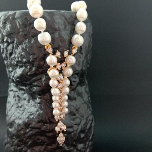 22'' White round feshwater Pearl choker Necklace cubic zirconia Pendant magnet clasp wedding for women