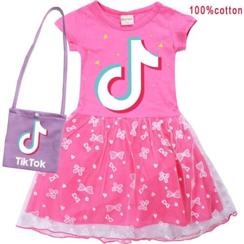 TIK TOK Girls Kid T Shirt +bag Colour Gauze Pleated Princess Patchwork Dress Cute Cartoon Printed Baby Child Clothes
