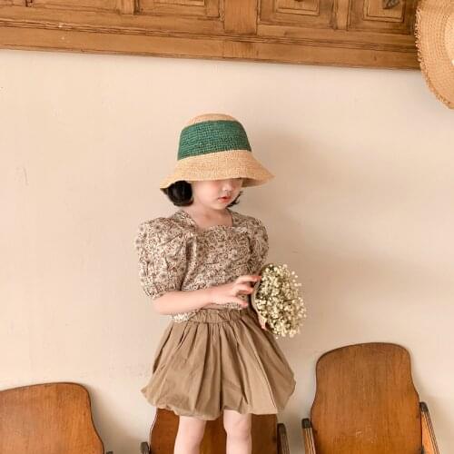 Summer Elegant Littl Girls Clothes Flower Short Sleeve Shirt&Bract Skirt 2 Pieces Fashion Korean Children Clothing Outfits Set